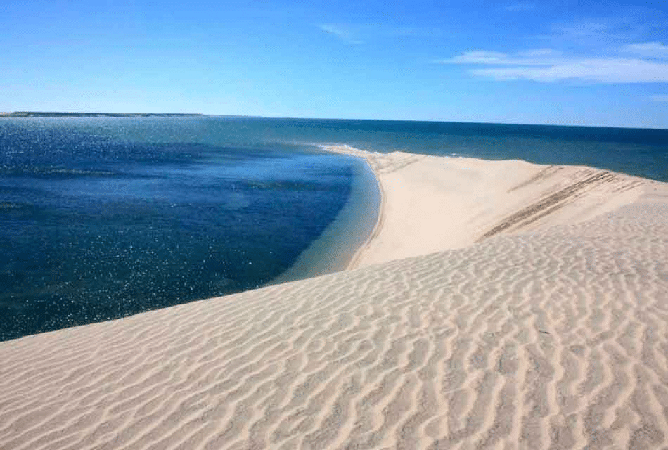 Aerial view of Dakhla peninsula showing the contrast between desert and ocean